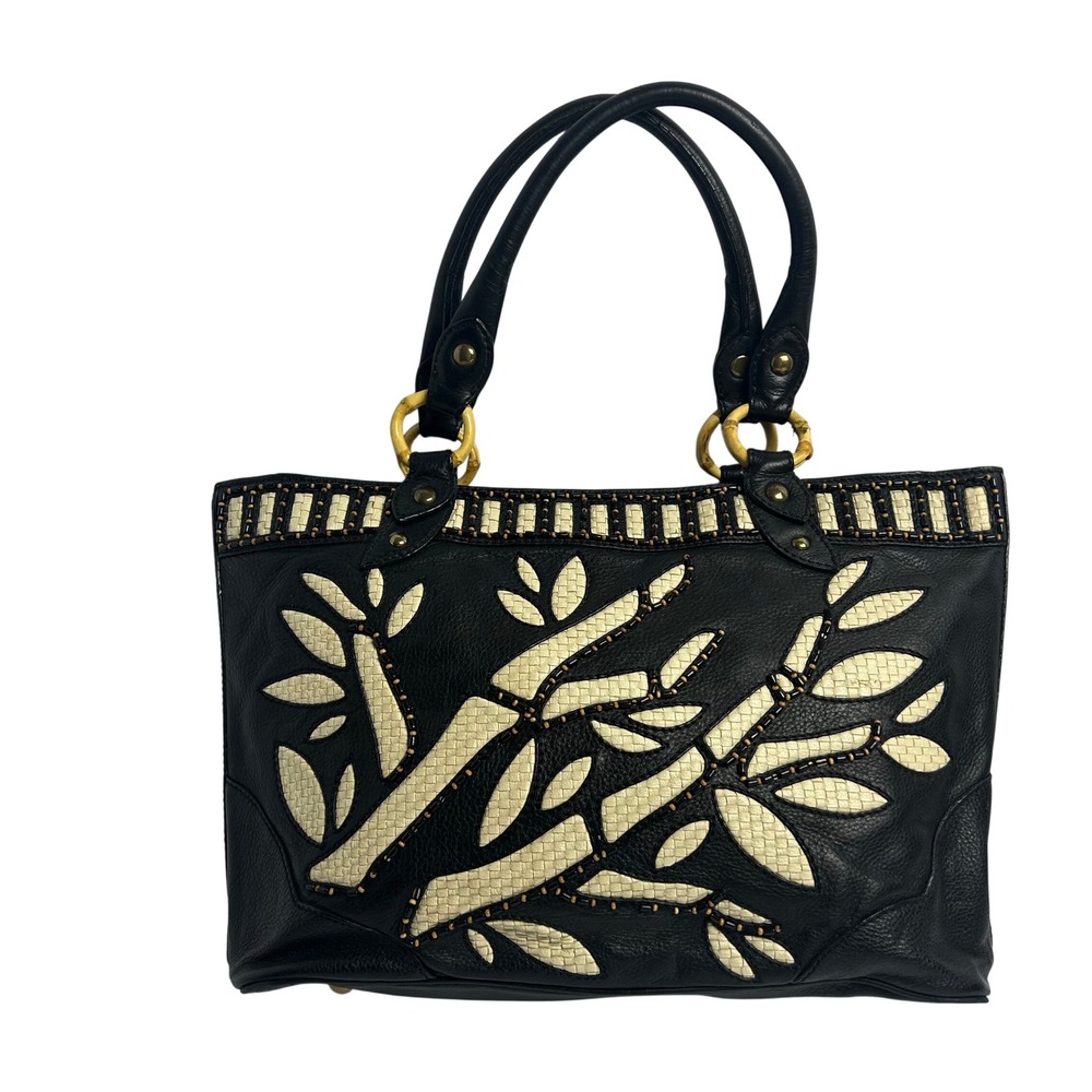 Isabella Fiore Black Leather Woven Bamboo Beaded Leaf Tote Boho Y2K Handbag